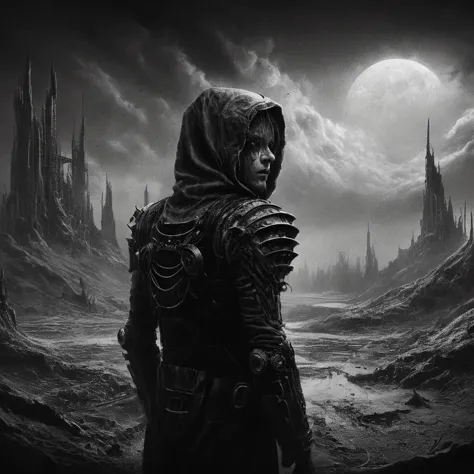 a dark moody black metal scene, black and white, cloudy black sky, ruined martian spaceport, 1boy, detailed face, eerie atmosphe...