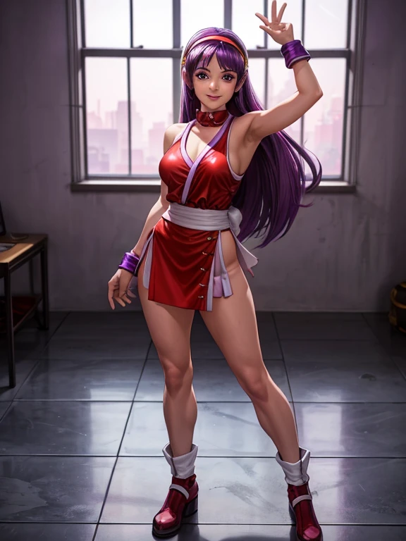  athena asamiya, 1 chica, ojos morados,cara bonita, cabello purpura, pelo largo,en foto de cuerpo completo pose sensual, en pose sobre el hombro, mostrando su ropa interior, con las nalgas levantadas y redondas, sonriendo a la cámara, Cambiandose de ropa, frente a una ventana,, banda para el cabello,Estilo anime realista.