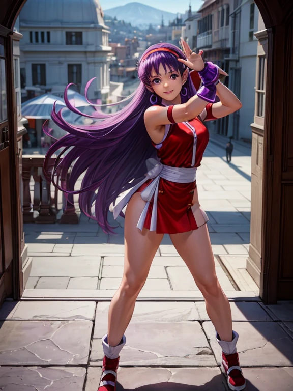  athena asamiya, 1girl, purple eyes,prety face, purple hair, long hair,in full body picture sensual pose, on over the shoulder pose, showing her underwear, with her buttocks raised and round, smiling at the camera, changing clothes, in front of a window,, hairband,realist anime style