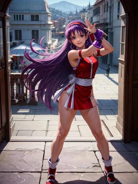  athena asamiya, 1girl, purple eyes,prety face, purple hair, long hair,in full body picture sensual pose, on over the shoulder p...