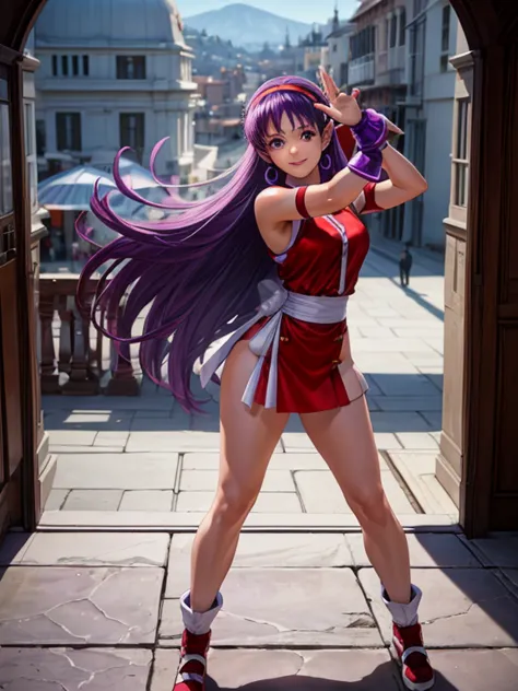 athena asamiya, 1girl, purple eyes,prety face, purple hair, long hair,in full body picture sensual pose, on over the shoulder po...