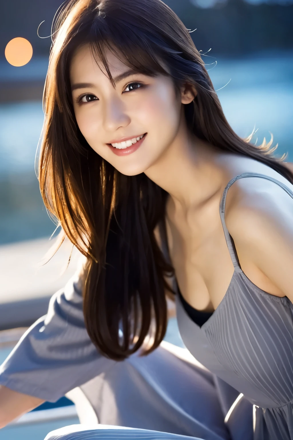 1 Girl, (Wearing a gray dress:1.2), (Supercluster), Very beautiful Japanese idol portraits, 
(RAW Photos, Highest quality), (Realistic, Realistic:1.4), (masterpiece), 
Very delicate and beautiful, Very detailed, 2k wallpaper, wonderful, finely, Very detailed CG Unity 8K wallpaper, Very detailed, High resolution, Soft Light, 
Beautiful detailed girl, Very detailed eyes and face, Beautiful and sophisticated nose, Beautiful and beautiful eyes, Cinema Lighting, 
(Fashion magazine photography:1.3), (Outdoor), (night lighting), (Waterfront), 
(Semi-long hair), 
Complete Anatomy, Slender body, Small breasts, smile