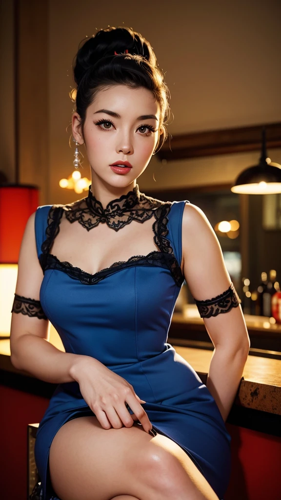 Hyperrealistic photorealistic photography of a Japanese rockabilly woman. Body height 180 centimeters with long legs and feminine curves. Hairstyle is a rockabilly hairstyle. Clothing a pin up pencil petticoat dress and lace stockings and high heels. The model pose is supposed to be that she is sitting on a bar stool in a 1950s bar facing the camera. The scenario of the photography should be the fifties.