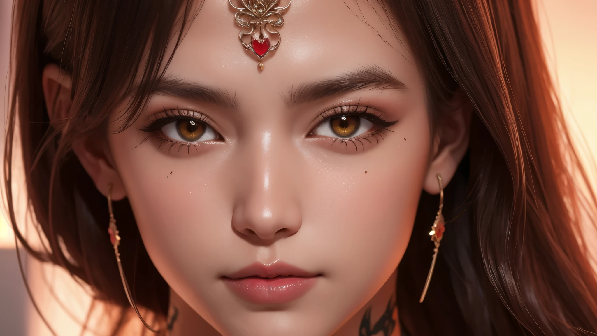 (masterpiece, best quality:1.2), 独奏, Game Art，Cg animation，Best image quality，Maximum resolution，8K，(A half-length photo)，(portrait)，(Head close-up)，(Rule of Thirds)，Unreal Engine 5 rendering works，20 year old girl，((Queen))，The eyes are very detailed，(Large Breasts)，Elegance and nobility，Movie Lighting，Ray Tracing，Game CG，((3D Unreal Engine))，OC rendering reflection pattern，4K，Ultra-clear，Translucent lace，Fair and plump figure，Pretty Face，Glossy Gel Coat，The Queen in a luxurious dress，Necklace jewelry，intricate tattoo designs，The tattoo is very delicate，goddess，Large breasts，Steel bracelet on arm，Turn one eye and close one eye