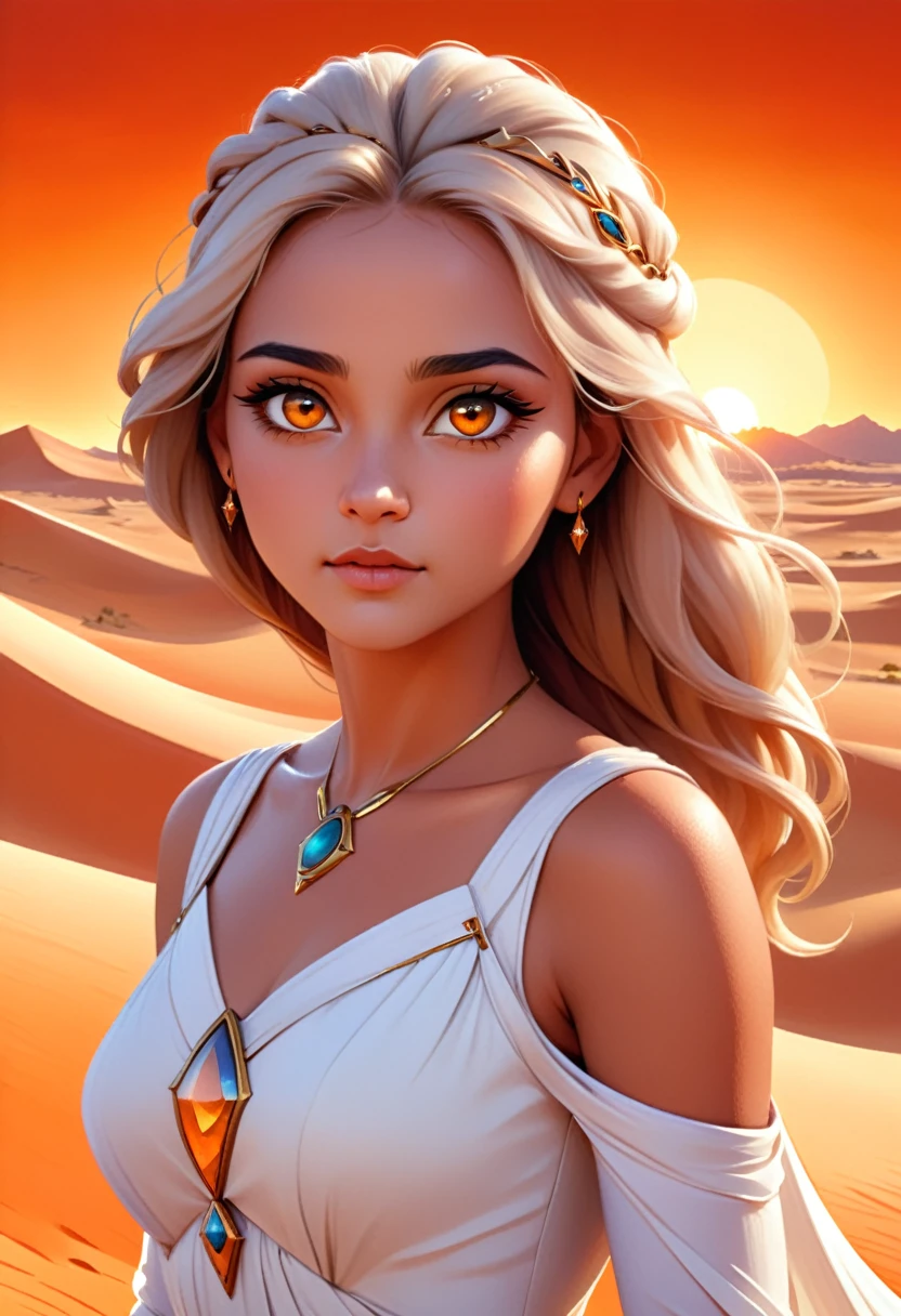 a beautiful desert princess, 1girl, detailed face, mesmerizing eyes, long eyelashes, elegant facial features, flowing white dress, desert landscape, golden sand dunes, orange sunset sky, warm lighting, cinematic composition, fantasy art, digital painting, (best quality,4k,8k,highres,masterpiece:1.2),ultra-detailed,(realistic,photorealistic,photo-realistic:1.37)