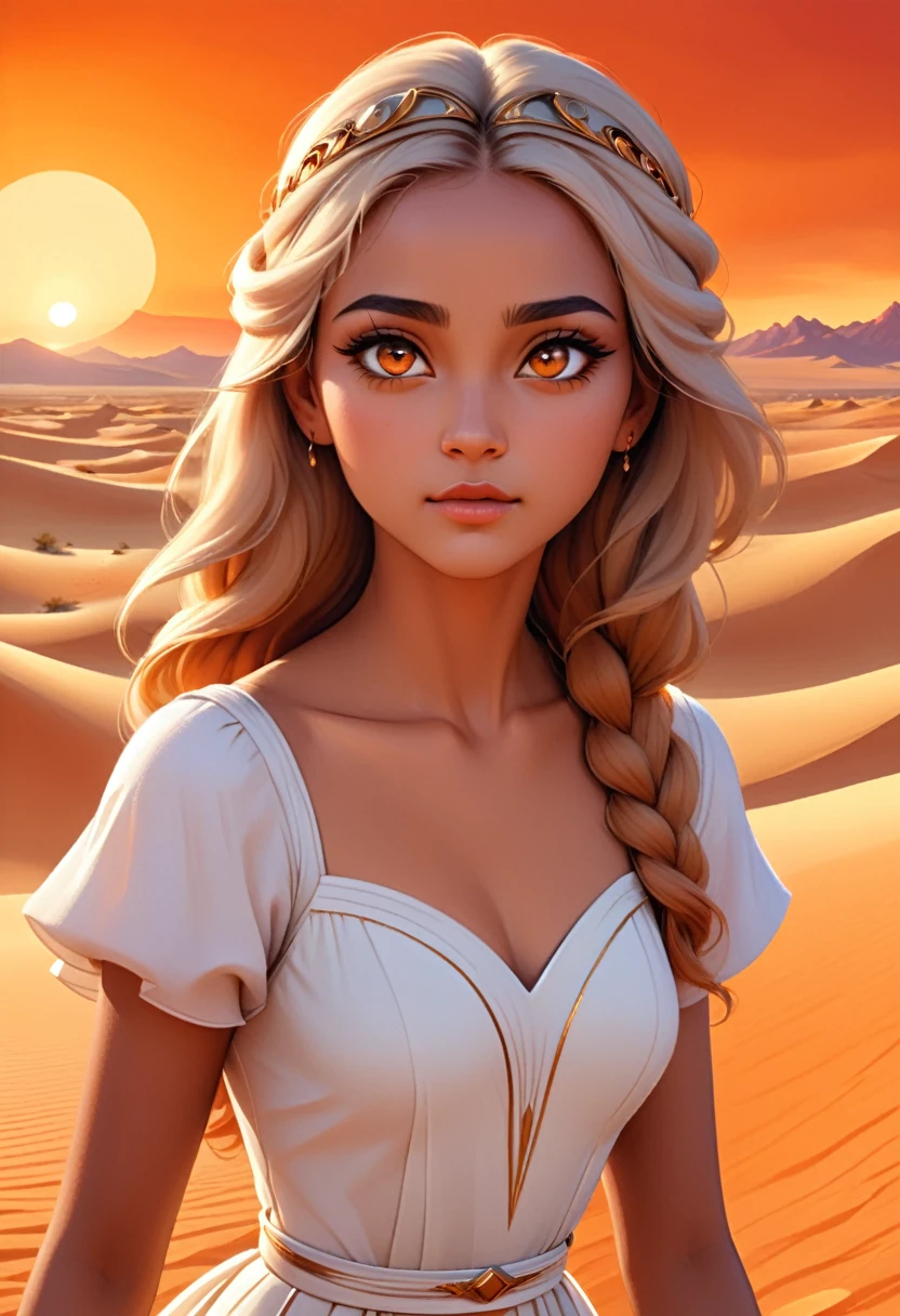 a beautiful desert princess, 1girl, detailed face, mesmerizing eyes, long eyelashes, elegant facial features, flowing white dress, desert landscape, golden sand dunes, orange sunset sky, warm lighting, cinematic composition, fantasy art, digital painting, (best quality,4k,8k,highres,masterpiece:1.2),ultra-detailed,(realistic,photorealistic,photo-realistic:1.37)