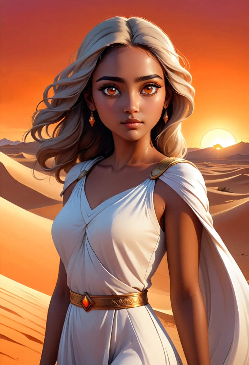 a beautiful desert princess, 1girl, detailed face, mesmerizing eyes, long eyelashes, elegant facial features, flowing white dress, desert landscape, golden sand dunes, orange sunset sky, warm lighting, cinematic composition, fantasy art, digital painting, (best quality,4k,8k,highres,masterpiece:1.2),ultra-detailed,(realistic,photorealistic,photo-realistic:1.37)