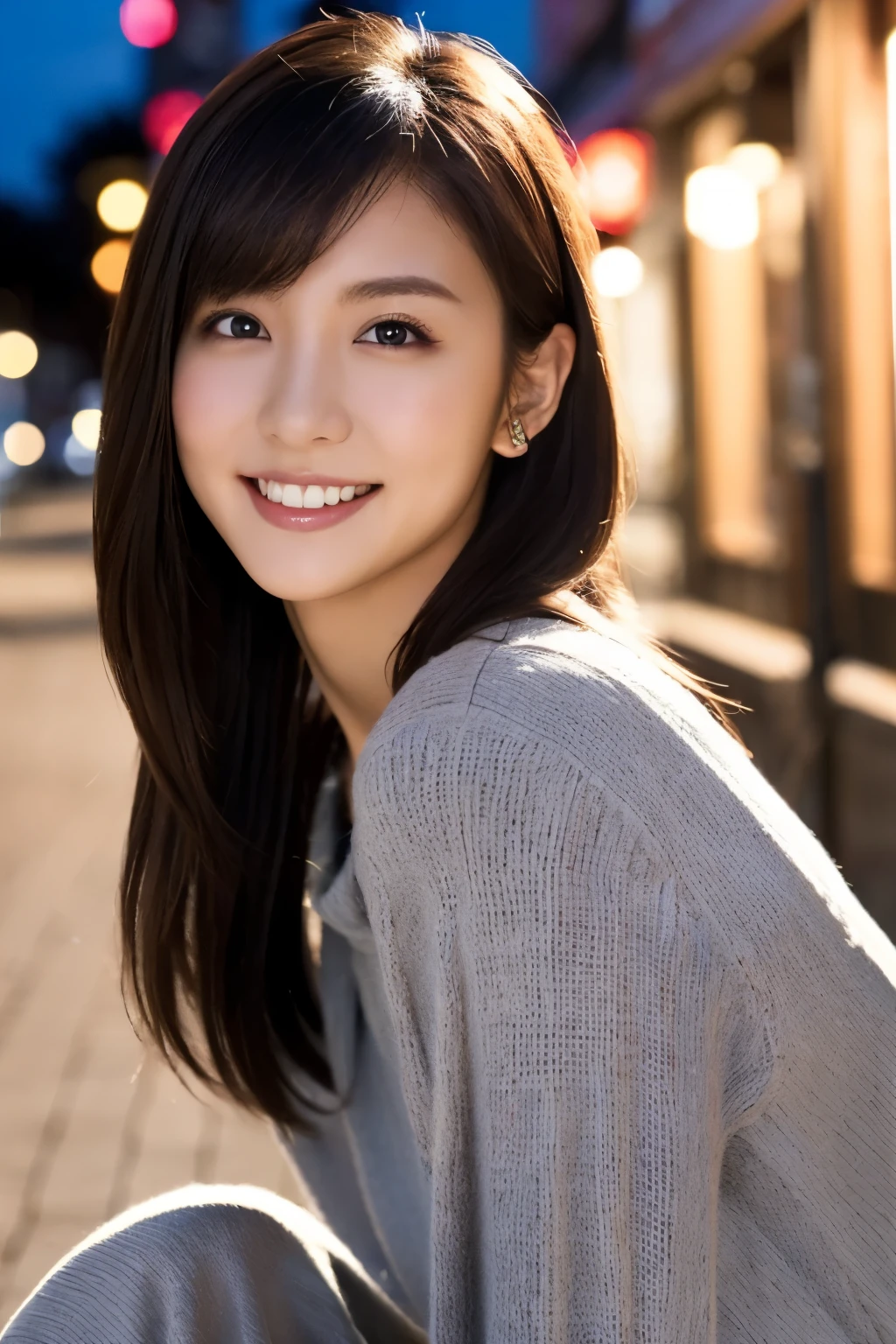 1 Girl, (Wearing a gray dress:1.2), (Supercluster), Very beautiful Japanese idol portraits, 
(RAW Photos, Highest quality), (Realistic, Realistic:1.4), (masterpiece), 
Very delicate and beautiful, Very detailed, 2k wallpaper, wonderful, finely, Very detailed CG Unity 8K wallpaper, Very detailed, High resolution, Soft Light, 
Beautiful detailed girl, Very detailed eyes and face, Beautiful and sophisticated nose, Beautiful and beautiful eyes, Cinema Lighting, 
(Fashion magazine photography:1.3), (Outdoor), (night lighting), (Waterfront), 
(Semi-long hair), 
Complete Anatomy, Slender body, Small breasts, smile