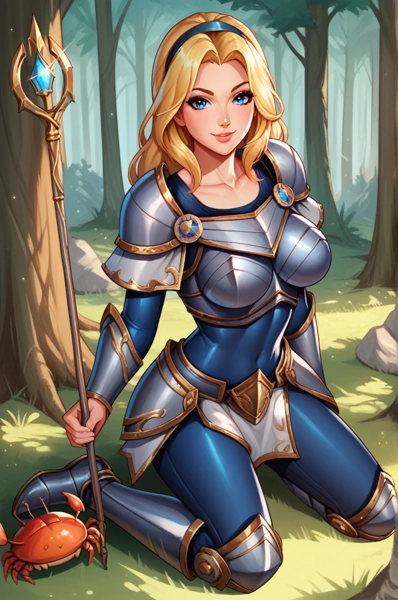 score_9, score_8_up, score_7_up, score_6_up, score_5_up, score_4_up, LuxLoLXL, blue eyes, blonde hair, long hair, hairband, big breasts, collarbone, shoulder armor, armor, blue bodysuit, breastplate, long sleeves, faulds, skirt, blue pants, armored boots, holding staff, solo, full body, standing, seductive smile, looking at viewer, forest, tree ,sitting on knees,peace sign,Half Boston Crab

