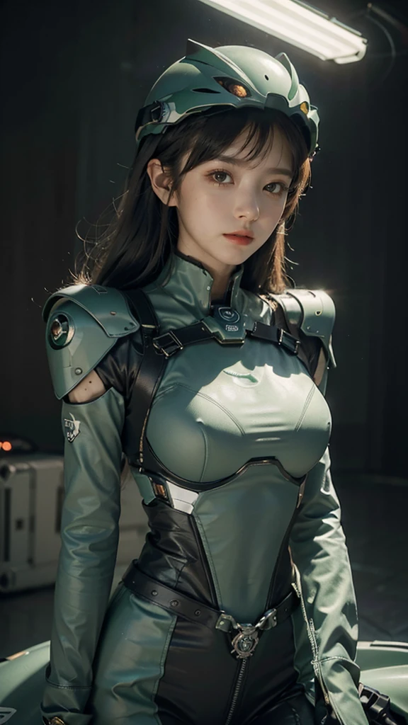 Highest image quality, outstanding details, ultra-high resolution, (realism: 1.4), the best illustration, favor details, highly condensed 1girl, with a delicate and beautiful face, dressed in a black and green mecha, wearing a mecha helmet, holding a directional controller, riding on a motorcycle, the background is a high-tech lighting scene of the future city. surreal illustration, surreal rendering, clean digital rendering, photo realistic rendering, surreal illustration