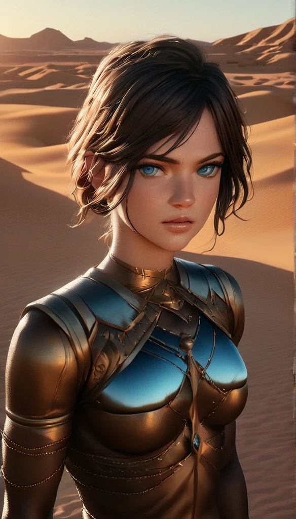 cinematic photo, fantasy, 1 woman, desert princess, strong and serious expression, black hair, blue eyes, medium breast,  dramatic lighting, cinematic composition , cool color palette, beautiful face, thin chin, beautiful woman (best quality, 4K, 8K, high resolution, art: 1.2), ultra-detailed, (realistic, photorealistic, photorealistic: 1.37), arabic desert in background