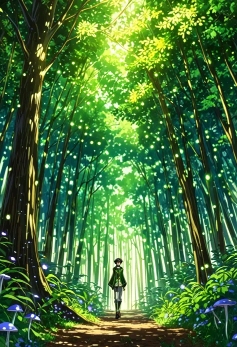 "create a detailed fantasy artwork of a boy in an enchanted forest in the art style of code geass. he should have spiky, tousled...