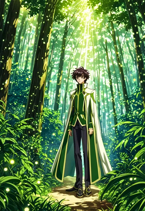 "create a detailed fantasy artwork of a boy in an enchanted forest in the art style of code geass. he should have spiky, tousled...