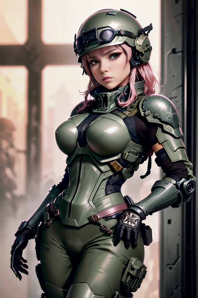 solid metal gear style, (detailded intricate full cover tactical helmet:1.3), (pink  hair), cowboy shot, dynamic pose, 1 girl, standing alone, ray tracing, (work of art), (best qualityer), (detailded), (detailded tactical gear:1.1), (body armor:1.1), combat pants, mitts, (intricate background:1.1), 