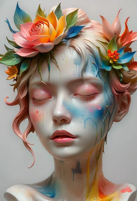 a close up of a woman with a flower in her hair/3d sculpture，elegant woman statue, face, painted with oil paint，airbrush paintin...