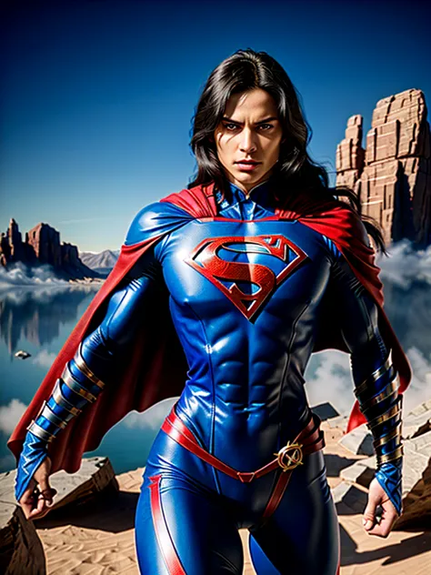 a muscular man with a chiseled jawline, blue eyes, and wavy black hair, wearing a tight blue and red superhero costume with a bo...