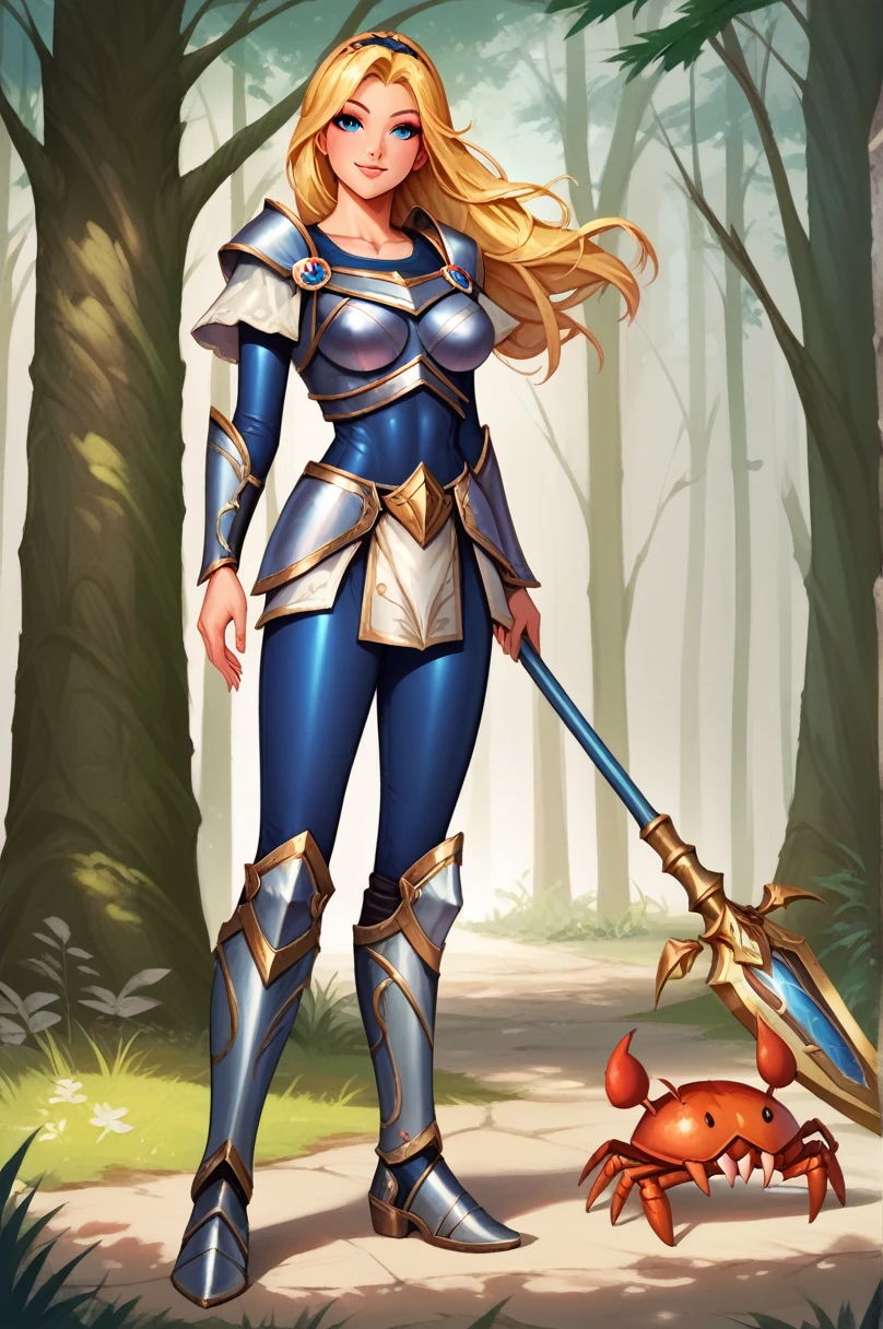 score_9, score_8_up, score_7_up, score_6_up, score_5_up, score_4_up, LuxLoLXL, blue eyes, blonde hair, long hair, hairband, big breasts, collarbone, shoulder armor, armor, blue bodysuit, breastplate, long sleeves, faulds, skirt, blue pants, armored boots, holding staff, solo, full body, standing, seductive smile, looking at viewer, forest, tree ,asleep on the floor,Half Boston Crab

