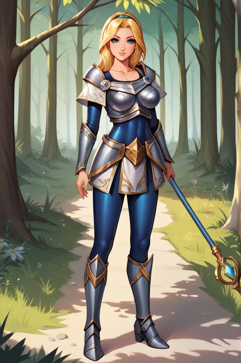 score_9, score_8_up, score_7_up, score_6_up, score_5_up, score_4_up, LuxLoLXL, blue eyes, blonde hair, long hair, hairband, big breasts, collarbone, shoulder armor, armor, blue bodysuit, breastplate, long sleeves, faulds, skirt, blue pants, armored boots, holding staff, solo, full body, standing, seductive smile, looking at viewer, forest, tree ,asleep on the floor,lying down, fainted, lost look

