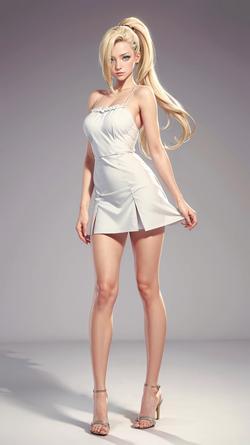 （（（blonde hair, hair ornament, green eyes, ponytail, hairclip, hair over one eye, ））），((masterpiece)),high resolution, ((Best quality at best))，masterpiece，quality，Best quality，（（（ Exquisite facial features，looking at the audience,There is light in the eyes，lol，confidence）））Sensual Body, (White Sundress), Sandals, standing, model pose, sexy legs, full-body shot.