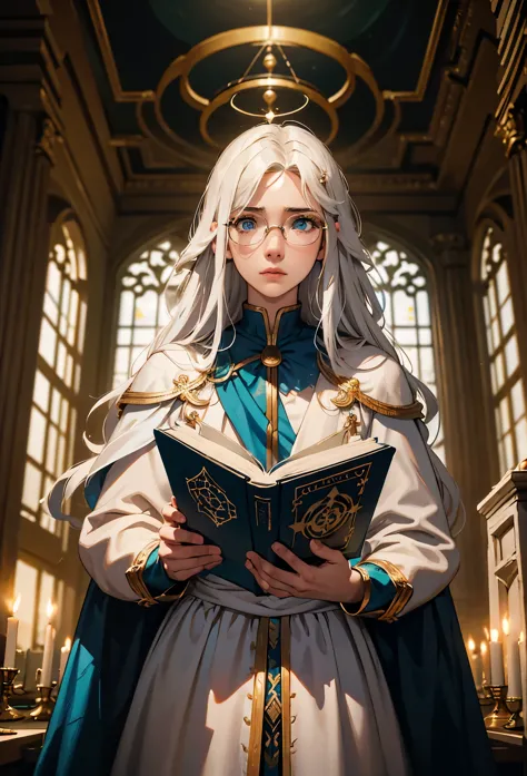 an androgynous boy with long white hair stands inside a large library and holds an open book, the boy is wearing a white cape wi...