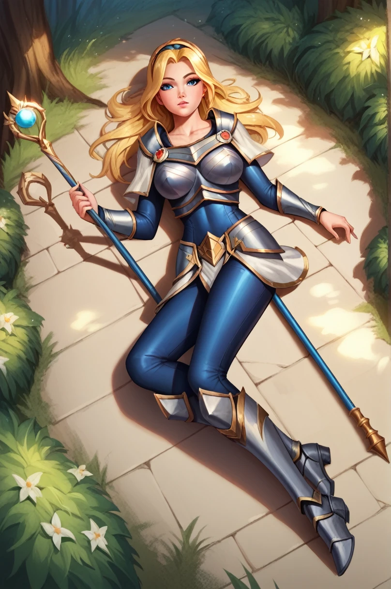 score_9, score_8_up, score_7_up, score_6_up, score_5_up, score_4_up, LuxLoLXL, blue eyes, blonde hair, long hair, hairband, big breasts, collarbone, shoulder armor, armor, blue bodysuit, breastplate, long sleeves, faulds, skirt, blue pants, armored boots, holding staff, solo, full body, looking at viewer, forest, tree ,asleep on the floor,lying down, fainted, lost look

