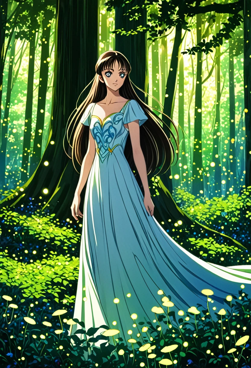 "Create a detailed fantasy artwork of a girl in an enchanted forest in the art style of Code Geass. She should have long, flowing hair intertwined with leaves and flowers, and wear a stylish, ethereal gown with intricate patterns, reminiscent of the character designs in Code Geass. The forest around her should be dense and vibrant, with towering ancient trees, glowing mushrooms, and sparkling fireflies. Soft rays of sunlight should filter through the canopy, casting a magical, dappled light on the scene. The overall atmosphere should be mystical and serene, capturing the girl's deep connection with the forest, with bold lines and vivid colors typical of the anime's aesthetic."