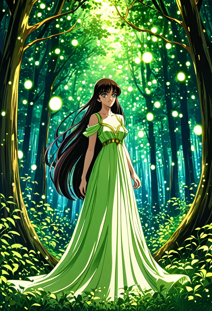 "Create a detailed fantasy artwork of a girl in an enchanted forest in the art style of Code Geass. She should have long, flowing hair intertwined with leaves and flowers, and wear a stylish, ethereal gown with intricate patterns, reminiscent of the character designs in Code Geass. The forest around her should be dense and vibrant, with towering ancient trees, glowing mushrooms, and sparkling fireflies. Soft rays of sunlight should filter through the canopy, casting a magical, dappled light on the scene. The overall atmosphere should be mystical and serene, capturing the girl's deep connection with the forest, with bold lines and vivid colors typical of the anime's aesthetic."