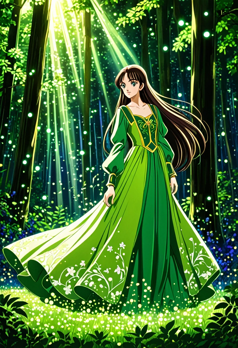 "Create a detailed fantasy artwork of a girl in an enchanted forest in the art style of Code Geass. She should have long, flowing hair intertwined with leaves and flowers, and wear a stylish, ethereal gown with intricate patterns, reminiscent of the character designs in Code Geass. The forest around her should be dense and vibrant, with towering ancient trees, glowing mushrooms, and sparkling fireflies. Soft rays of sunlight should filter through the canopy, casting a magical, dappled light on the scene. The overall atmosphere should be mystical and serene, capturing the girl's deep connection with the forest, with bold lines and vivid colors typical of the anime's aesthetic."