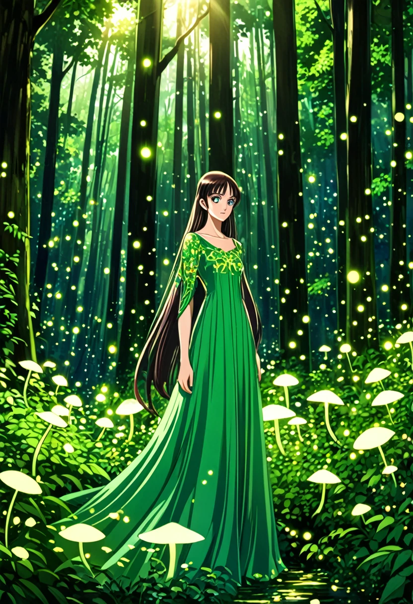 "Create a detailed fantasy artwork of a girl in an enchanted forest in the art style of Code Geass. She should have long, flowing hair intertwined with leaves and flowers, and wear a stylish, ethereal gown with intricate patterns, reminiscent of the character designs in Code Geass. The forest around her should be dense and vibrant, with towering ancient trees, glowing mushrooms, and sparkling fireflies. Soft rays of sunlight should filter through the canopy, casting a magical, dappled light on the scene. The overall atmosphere should be mystical and serene, capturing the girl's deep connection with the forest, with bold lines and vivid colors typical of the anime's aesthetic."