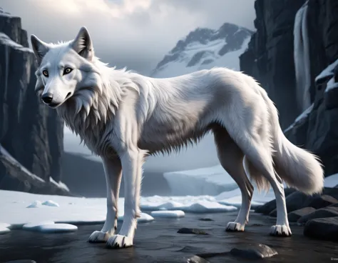 full body portrait of a tall white wolf, silken windhound, hybrid beast, black eyes, mysterious arctic scenery, fantasy, dark fa...