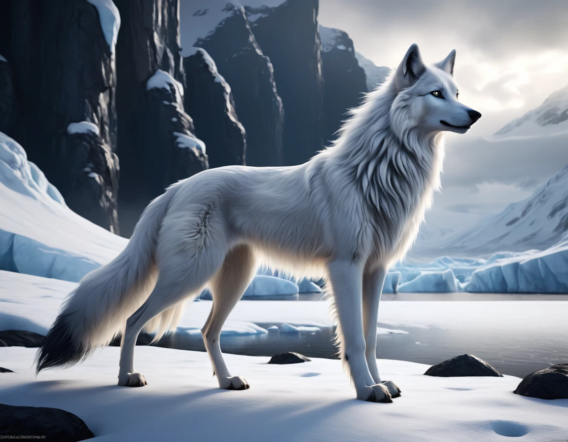 full body portrait of a tall snow white wolf, himalayan wolf, silken windhound hybrid beast, long tail, black irises, mysterious arctic scenery, fantasy, dark fantasy, full body, cinematic, render, 8k, unreal engine, realistic, masterpiece, high detail, full body, low life, volumetric lighting