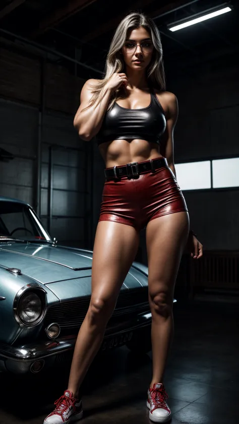 seductive and confident look. ultra shiny red leather shorts, sneakers, white t-shirt. thick round glasses. huge arm biceps musc...