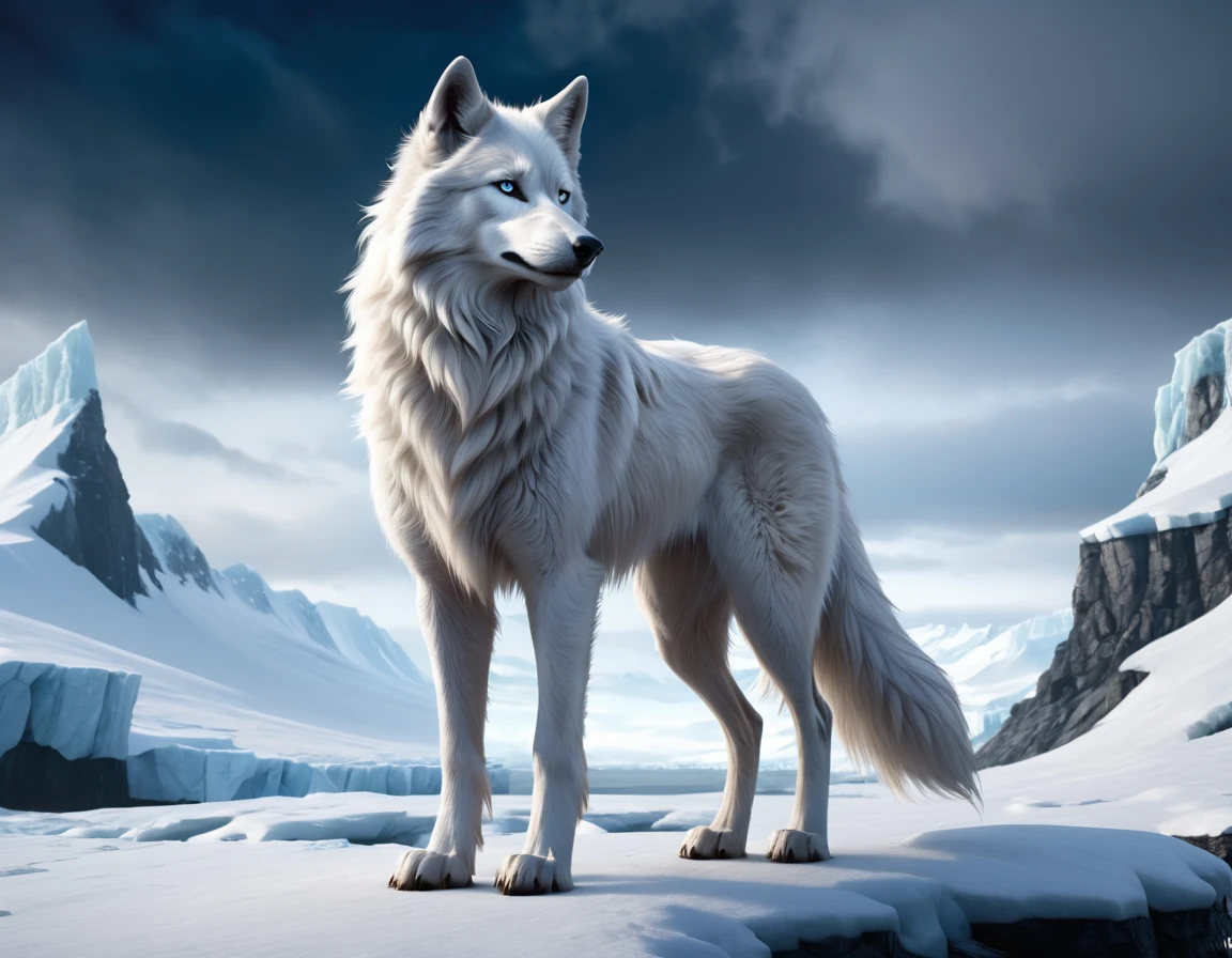 full body portrait of a tall snow all white wolf, himalayan wolf, silken windhound hybrid beast, long tail, mysterious arctic scenery, fantasy, dark fantasy, full body, cinematic, render, 8k, unreal engine, realistic, masterpiece, high detail, full body, low life, volumetric lighting