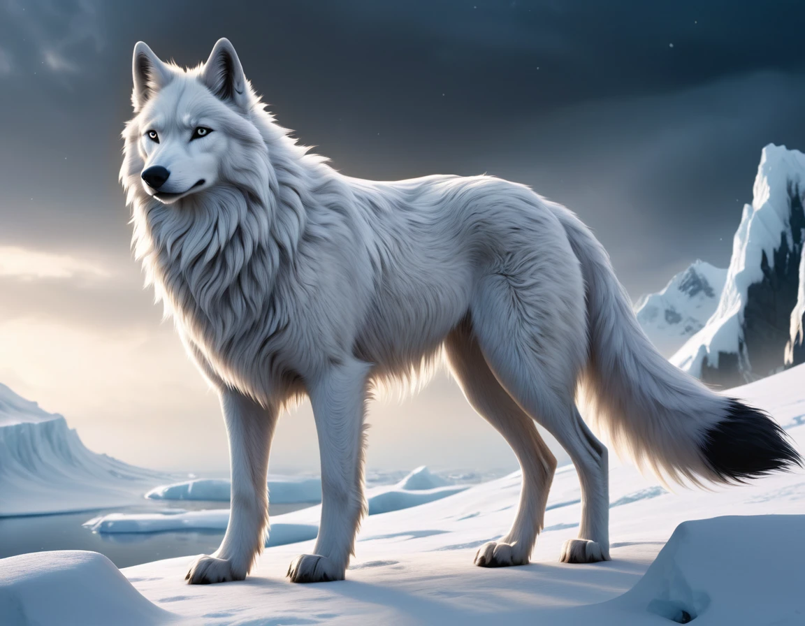 full body portrait of a tall snow all white wolf, himalayan wolf, silken windhound hybrid beast, long tail, mysterious arctic scenery, fantasy, dark fantasy, full body, cinematic, render, 8k, unreal engine, realistic, masterpiece, high detail, full body, low life, volumetric lighting