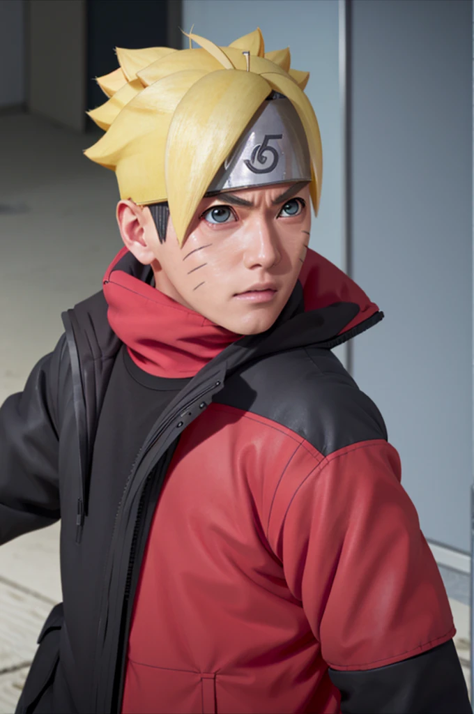 boruto, Aparência muralística fechada. Inspirado em Naruto Uzumaki de Naruto, Fotografia (Fotografiarealism) (realista) (Ultra HD) (Papel de parede 8k) (Os detalhes mais sutis) (Detalhes extremos do rosto)