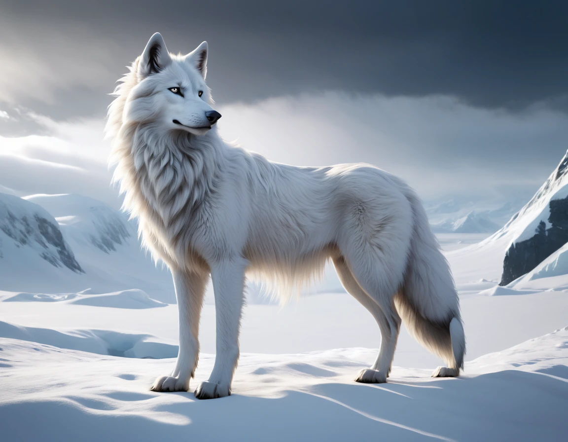 full body portrait of a tall snow all white wolf, himalayan wolf, silken windhound hybrid beast, very long fluffy white tail, long neck, mysterious arctic scenery, fantasy, dark fantasy, full body, cinematic, render, 8k, unreal engine, realistic, masterpiece, high detail, full body, low life, volumetric lighting