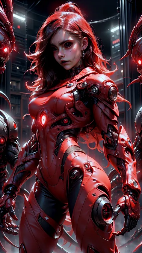 (beautiful girl:1.25), (megan fox:1.25), (young bodybuilder girl wearing cybernetic muscle suit:1.25), carnage muscular physique...