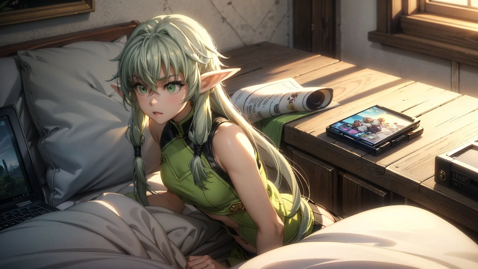 Create a high-quality, detailed image of a beautiful anime goblin girl with light green skin, HER SKIN COLOR IS GREEN, and long hair, sitting at her gaming PC in her bedroom. She is wearing a see-through tank top, along with sleep shorts that reveal her midriff and highlight her stunning curves. The warm, inviting scene includes soft ambient lighting and comfortable seating. The bedroom is illuminated by a small lamp, creating a serene and intimate atmosphere. Ensure the room has cozy elements like a bed with plush pillows and blankets, posters on the walls, and a few gaming accessories scattered around to enhance the ambiance. The goblin girl is relaxed, immersed in her gaming setup, which adds a playful and comfortable vibe to the scene.