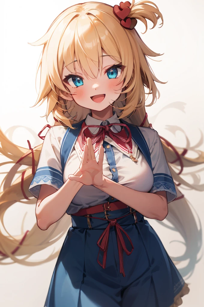 masterpiece, akai haato, hololive, 1girl, bangs, blonde hair, blue eyes, blush, breasts, collared shirt, hair between eyes, hair ornament,heart, heart hair ornament, long hair, medium breasts, neck ribbon, one side up, red ribbon, ribbon, shirt, short sleeves, sidelocks, simple background, smile, solo, sparkle, virtual youtuber, white background, white shirt, cowboy shot, :d, blue skirt,v,waving