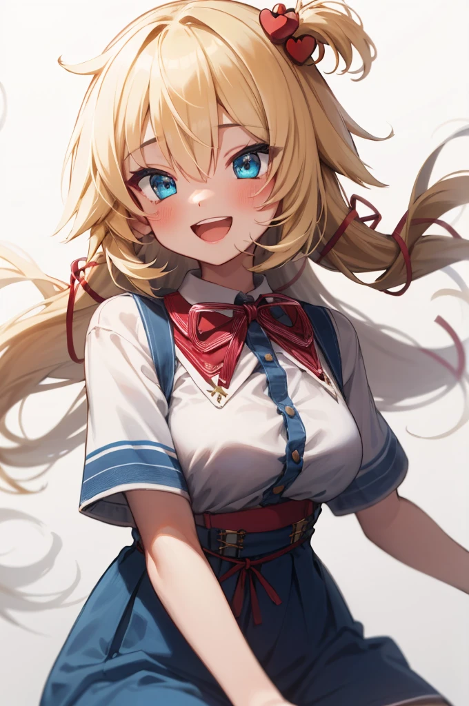 masterpiece, akai haato, hololive, 1girl, bangs, blonde hair, blue eyes, blush, breasts, collared shirt, hair between eyes, hair ornament,heart, heart hair ornament, long hair, medium breasts, neck ribbon, one side up, red ribbon, ribbon, shirt, short sleeves, sidelocks, simple background, smile, solo, sparkle, virtual youtuber, white background, white shirt, cowboy shot, :d, blue skirt,v,waving