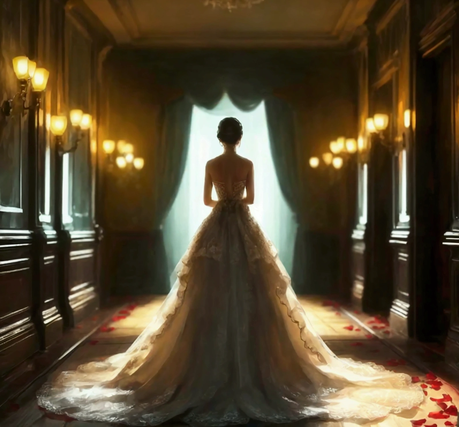 Create an image of a woman standing with her back to the viewer, in a dark hotel corridor. She is wearing a long, elegant wedding dress with intricate lace details and a flowing train. The corridor is dimly lit, with shadows cast by flickering lights, creating an eerie atmosphere. The woman stands perfectly still, her posture rigid and unnaturally straight. The dark, worn wallpaper and old carpet of the corridor add to the haunting, unsettling vibe, reminiscent of a classic horror movie. The overall scene should evoke a sense of dread and suspense.