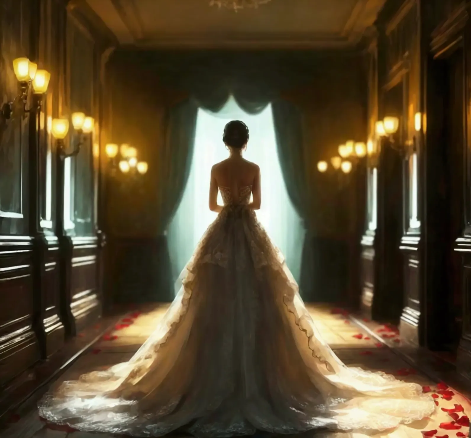 Create an image of a woman standing with her back to the viewer, in a dark hotel corridor. She is wearing a long, elegant weddin...