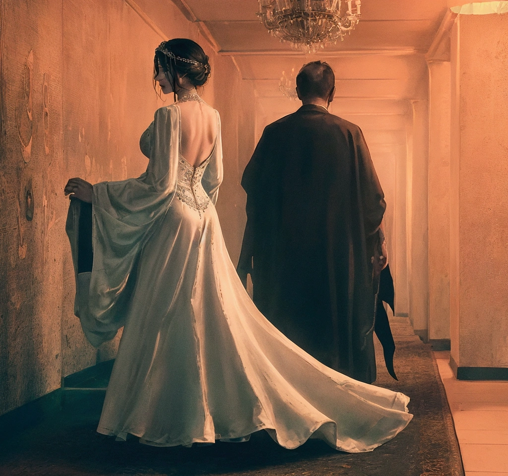 Create an image of a woman standing with her back to the viewer, in a dark hotel corridor. She is wearing a long, elegant wedding dress with intricate lace details and a flowing train. The corridor is dimly lit, with shadows cast by flickering lights, creating an eerie atmosphere. The woman stands perfectly still, her posture rigid and unnaturally straight. The dark, worn wallpaper and old carpet of the corridor add to the haunting, unsettling vibe, reminiscent of a classic horror movie. The overall scene should evoke a sense of dread and suspense.