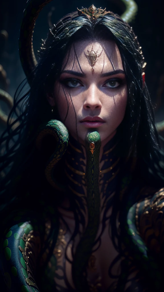 ((best quality)), ((masterpiece)), ((realistic)), Medusa, full body, the hair is composed of countless small snakes, green eyes, female face, metal carved top, royal aura, trend on artstation , sharp focus, studio photo, intricate detail, very detailed, detailed eye, illustration, very detailed, sharp focus, digital render, professional, 4k