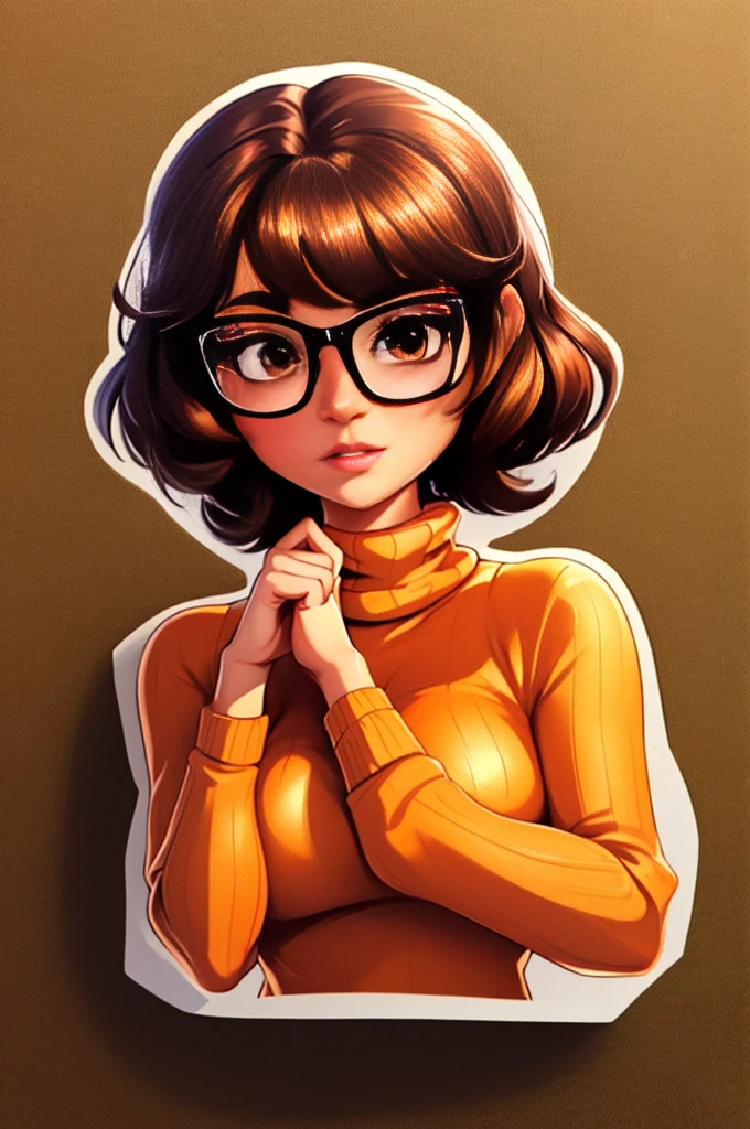 (masterpiece:1.2), (best quality), (ultra detailed), (8k, 4k, intricate),(full-body-shot:1), (highly detailed:1.2),(detailed face:1.2), (detailed background),detailed landscape, ((portrait)), (dynamic pose:1.2)  velma, 1girl, solo, breasts, looking at viewer, short hair, skirt, large breasts, brown hair, brown eyes, pantyhose, pleated skirt, glasses, sweater, turtleneck, ribbed sweater, turtleneck sweater, orange shirt, orange sweater,((upper body))