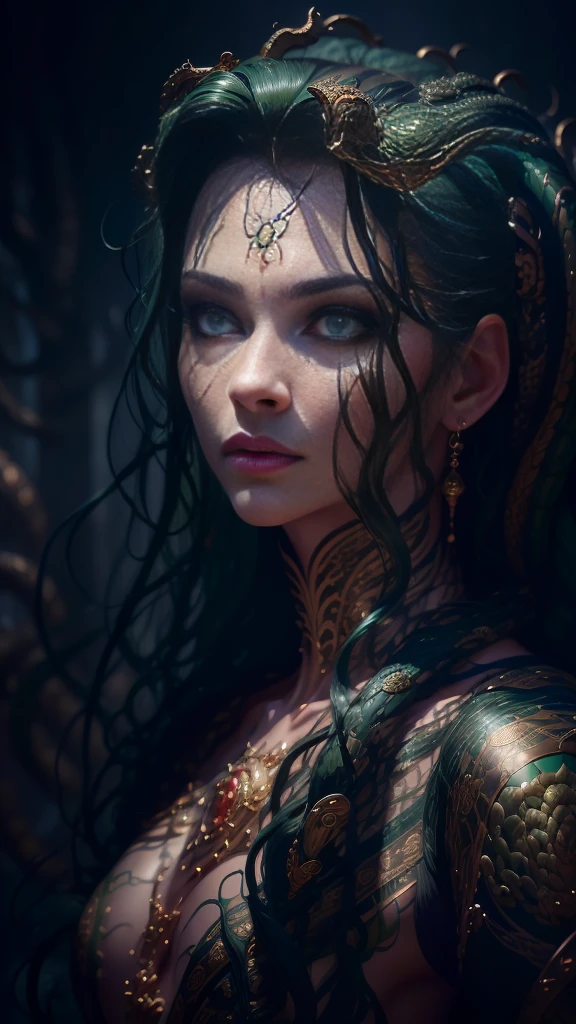 ((best quality)), ((masterpiece)), ((realistic)), Medusa, full body, the hair is composed of countless small snakes, green eyes, female face, metal carved top, royal aura, trend on artstation , sharp focus, studio photo, intricate detail, very detailed, detailed eye, illustration, very detailed, sharp focus, digital render, professional, 4k