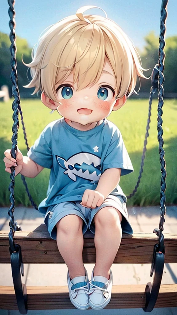 Cute little boy with yellow hair, he is small and cute and is wearing a shirt with a shark design and shorts with polka dots  He's sitting on a swing 