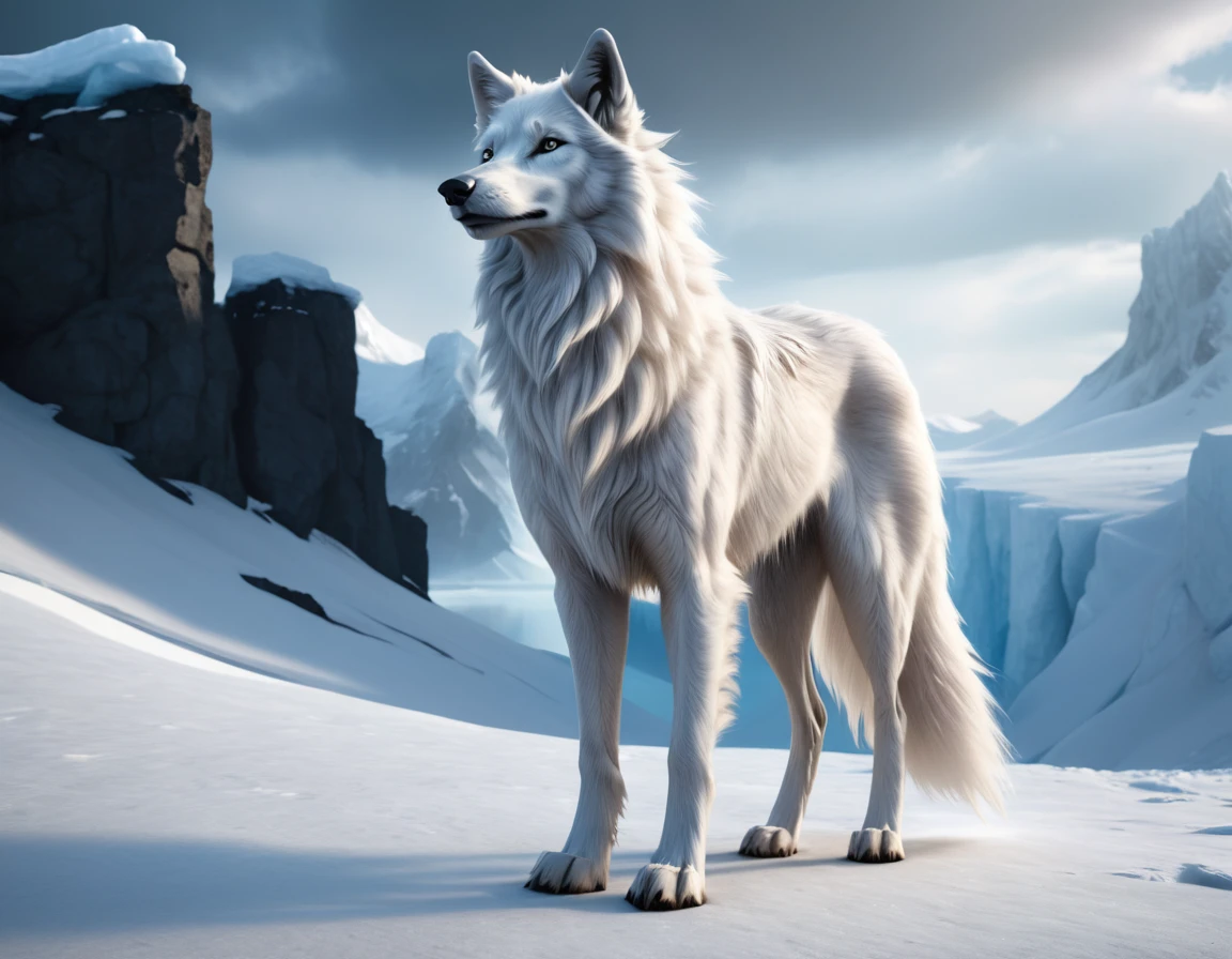 full body portrait of white wolf, himalayan wolf, silken windhound hybrid beast, very long fluffy white tail, long neck, lithe, long, mysterious arctic scenery, fantasy, dark fantasy, full body, cinematic, render, 8k, unreal engine, realistic, masterpiece, high detail, full body, low life, volumetric lighting