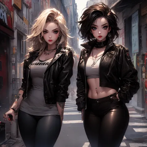 curvy plump blonde streetwear, leggings, leather jacket,punk, black eye liner, necklace, street, ultra detailed