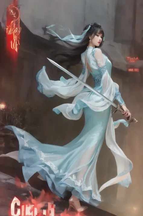 a close up of a woman in a long dress holding a sword, thin silk dress, sexy